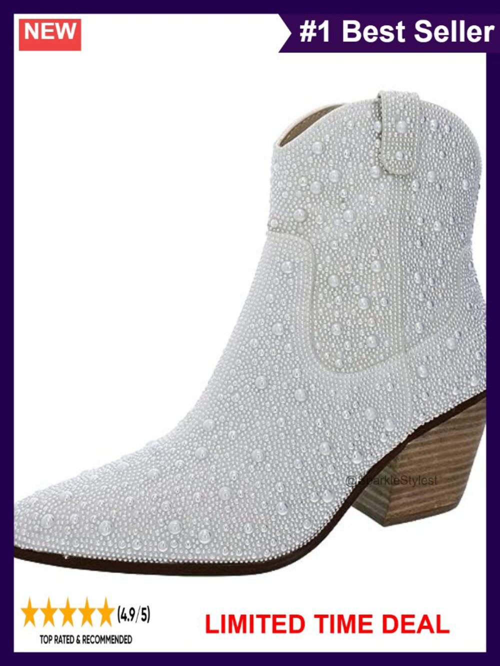 Rhinestone Western Boots with Side Zip & Pull Tabs, 2.75" Heel